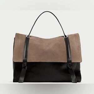 Zara Crossbody Satchel Suede Leather Taupe Black Women's Minimalist Quiet Luxury
